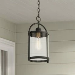 New 🌟 John Timberland Modern Outdoor Hanging Light Fixture Black Warm Brass Metal 15" Clear Glass for Exterior House Porch Patio Outside 🎁