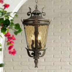 Best Sale ⭐ John Timberland Mediterranean Outdoor Ceiling Light Hanging Bronze Scroll 23 3/4" Champagne 🔨 Hammered Glass Damp Rated for Patio 🧨