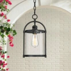 Deals 👍 John Timberland Modern Outdoor Ceiling Light Hanging Black 15" Cylindrical Glass for Exterior House Porch Patio Deck 😀