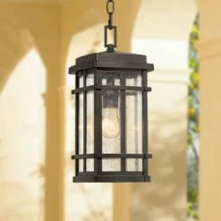 Best Sale 🤩 John Timberland Mission Outdoor Ceiling Light Hanging Oil Rubbed Bronze 14 1/2" Clear Seedy Glass Exterior House Porch Patio Deck 😍