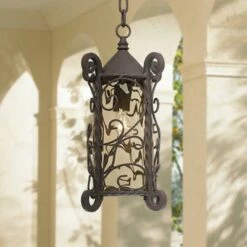 Hot Sale 🥰 John Timberland Traditional Outdoor Light Hanging Dark Walnut Iron Scroll 15" Champagne Water Glass Damp Rated for Exterior Porch 🥰