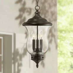 Brand new 👍 Franklin Iron Works Outdoor Ceiling Light Hanging LED Dimmable Bronze 22" Clear Seedy Glass for Exterior House Porch Patio 🔔