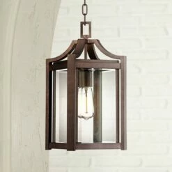 Promo 🌟 Franklin Iron Works Modern Outdoor Ceiling Light Hanging Rustic Bronze 17" Clear Glass Damp Rated for Exterior Porch Entryway 😀