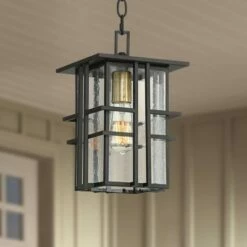 Buy 💯 Possini Euro Design Modern Outdoor Ceiling Light Hanging Black Geometric Frame 12 1/2" Seedy Glass for Exterior House Porch Patio ✨