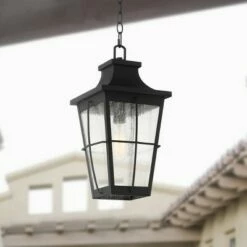 Discount ⭐ John Timberland Modern Outdoor Hanging Light Fixture Rich Black 18" Clear Seeded Glass for Exterior House Porch Patio Outside Deck ⭐