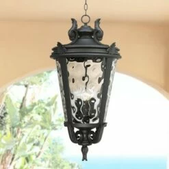 Budget 🧨 John Timberland Traditional Outdoor Light Hanging Textured Black Scroll 30" Clear 🔨 Hammered Glass Damp Rated for Porch Patio ❤️