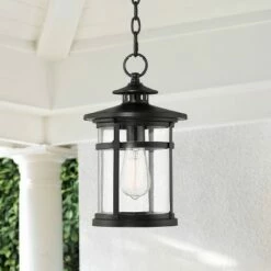 Coupon 🎉 Franklin Iron Works Modern Outdoor Hanging Light Matte Black 13 3/4" Clear Seedy Glass Exterior House Porch Patio Outside Deck ⌛