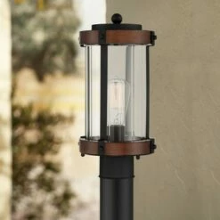 Deals 😍 John Timberland Rustic Industrial Outdoor Post Light Fixture Black Dark Wood Finish 13 3/4" Clear Glass Shade Exterior House Porch 🥰