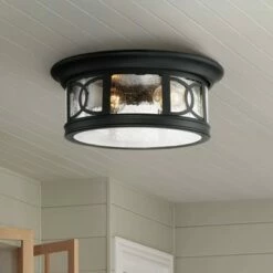Hot Sale โ๏ธ John Timberland Outdoor Ceiling Light Fixture Black 12" Seedy Glass for Exterior House Porch ๐