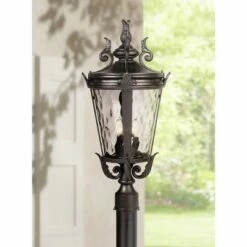 Discount ๐ John Timberland Traditional Outdoor Post Light Textured Black Scroll 25" Clear ๐จ Hammered Glass for Exterior Garden Yard ๐คฉ