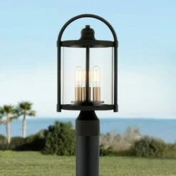 Coupon ๐ John Timberland Modern Outdoor Post Light Fixture Black Warm Brass Metal 15 3/4" Clear Glass Exterior House Porch Patio Outside ๐