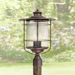 Top 10 ⭐ Franklin Iron Works Industrial Farmhouse Outdoor Post Light Bronze 19 3/4" Clear Seedy Glass Lantern for Exterior Garden Yard 🔥