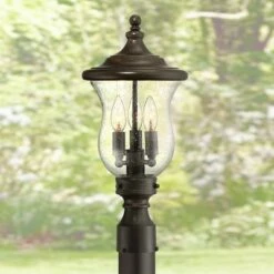 Best deal 🥰 Franklin Iron Works Outdoor Post Light Fixture LED Dimmable Bronze 19" Clear Seedy Glass for Exterior Garden Yard Driveway 🎉