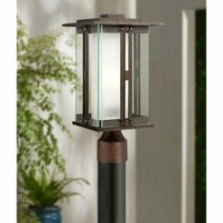 Hot Sale 👏 Franklin Iron Works Modern Post Light Fixture Bronze 15 3/4" Clear and Frosted Double Glass Lantern for Garden Yard Driveway 🎁