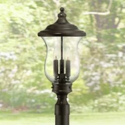 Buy 🔥 Franklin Iron Works Outdoor Post Light Fixture LED Dimmable Bronze 23" Clear Seedy Glass for Exterior Garden Yard Driveway 👏