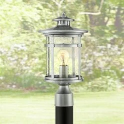 Buy 🔔 Franklin Iron Works Industrial Outdoor Post Light Chrome 16" Clear Seedy Glass Lantern for Exterior Garden Yard Patio Driveway 🧨