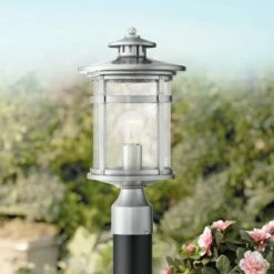 Discount ✨ Franklin Iron Works Industrial Outdoor Post Light Fixture with Adaptor Chrome 15 1/2" Seedy Glass Damp Location for Exterior House ⭐