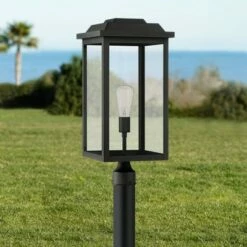 Best Sale 🤩 John Timberland Modern Outdoor Post Light Fixture Textured Black 22 1/2" Clear Glass for Exterior House Porch Patio Outside Deck 😉