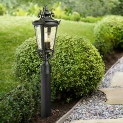 Cheapest ⌛ John Timberland Traditional Outdoor Post Light Fixture LED Matte Black 32 1/2" Champagne 🔨 Hammered Glass House Patio Garden Yard 💯