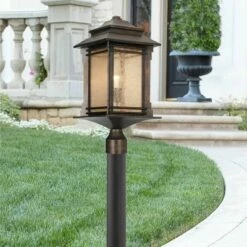 Deals 💯 Franklin Iron Works Mission Outdoor Post Light Fixture LED Walnut Bronze 37 1/2" Frosted Cream Glass Exterior Garden Yard Driveway ❤️
