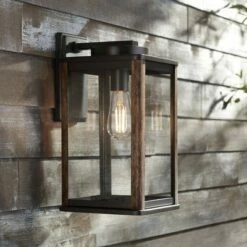 Cheapest 💯 John Timberland Modern Farmhouse Outdoor Wall Light Fixture Dark Bronze Wood Finish Grain 14 1/4" Clear Glass Panels Exterior House Porch ⌛