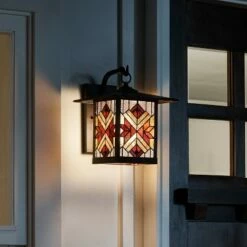 Coupon 🤩 11.75" Stained Glass 1-Light Tiffany Style Bronze Outdoor Lantern Wall Sconce - River of Goods 👏