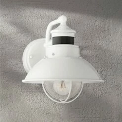 Budget 🎁 John Timberland Farmhouse Outdoor Barn Light Wall Fixture White 9" Clear Seedy Glass Dusk to Dawn Motion Sensor for House Porch Patio 🧨