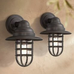 Buy ๐ฅฐ John Timberland Industrial Farmhouse Outdoor Barn Light Wall Fixtures Set of 2 Bronze 13 1/4" Metal Cage Clear Glass for Exterior House ๐ฏ
