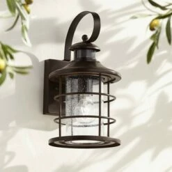 Promo 🎉 John Timberland Coastal Outdoor Light Fixture Oiled Bronze 14" Seedy Glass Lantern Dusk to Dawn Motion Security Sensor for Exterior Porch 🌟