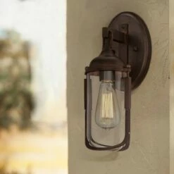 Deals 👏 Franklin Iron Works Vintage Industrial Outdoor Wall Light Fixture Bronze 15" Clear Glass Edison Bulb for Exterior House Porch 😉
