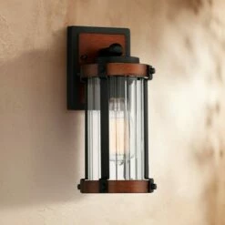Discount 🥰 John Timberland Modern Rustic Outdoor Wall Light Fixture Black Aluminum Dark Wood Finish 11 3/4" Clear Glass Exterior House Porch Patio 😀