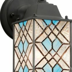 Budget 😀 10.25" 1-Light Traditional Satin Outdoor Stained Glass Lantern Wall Sconce Black - River of Goods 😉 -Outdoor Lighting Store unnamed file 3867