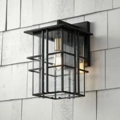 Wholesale ๐ Possini Euro Design Modern Outdoor Wall Light Fixture Black Geometric Frame 16" Seedy Glass for Exterior House Porch Patio Deck ๐คฉ