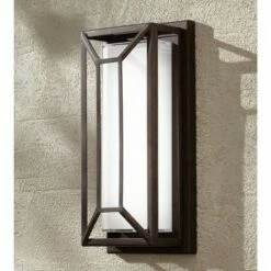Budget 🔔 Possini Euro Design Modern Outdoor Wall Light Fixture LED Painted Bronze Geometric 12" White Etched Glass for Exterior House Porch ⭐