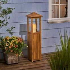 Promo 🥰 47" Claudine Standing Acacia Wood Candle Outdoor Lantern Teak - Christopher Knight Home 🧨