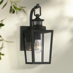 Promo ๐ Possini Euro Design Modern Outdoor Wall Light Fixture Textured Black 14" Clear Glass Motion Sensor Exterior House Porch Patio Deck ๐