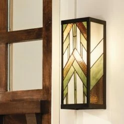 Discount ⌛ 16.25" Stained Glass 1-Light Rectangular Mission Style Outdoor Light Wall Sconce - River of Goods 👏