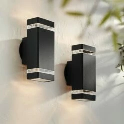 Budget ๐ Possini Euro Design Possini Euro Modern Outdoor Wall Light Fixtures Set of 2 Black Aluminum 10 1/2" Clear Glass for Exterior House Porch Patio Outside ๐งจ