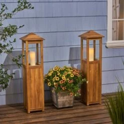Hot Sale ❤️ 2pk Claudine 47" Standing Acacia Wood Candle Outdoor Lanterns Teak - Christopher Knight Home 🎉