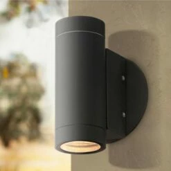 Wholesale 🛒 Possini Euro Design Modern Outdoor Wall Light Fixture Matte Black Cylinder 6 1/2" Tempered Glass Lens Up Down for Exterior House ⌛