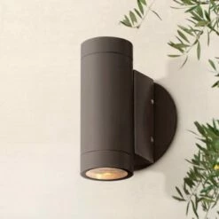 Flash Sale 💯 Possini Euro Design Modern Outdoor Wall Light Fixture Matte Bronze Cylinder 6 1/2" Tempered Glass Lens Up Down for Exterior House ⌛