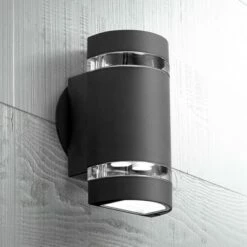Best deal ๐ Possini Euro Design Modern Outdoor Wall Light Fixture LED Black 7 3/4" Tempered Clear Glass Up Down for Exterior House Porch ๐