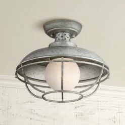 Discount 💯 Franklin Iron Works Rustic Farmhouse Outdoor Ceiling Light Galvanized Steel Cage 12" White Glass Orb for Exterior House Porch 🌟