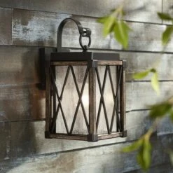 Hot Sale 😀 Possini Euro Design Rustic Outdoor Wall Light Fixture Bronze Wood Finish 13 1/2" Clear Seedy Glass Lantern for Exterior House Porch Patio ✨