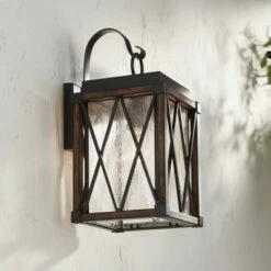 Cheap ✨ Possini Euro Design Rustic Outdoor Wall Light Fixture Bronze Wood Finish 16 1/2" Clear Seedy Glass Lantern for Exterior House Porch Patio 😀