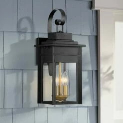 Promo 😉 Franklin Iron Works Industrial Outdoor Wall Light Fixture Warm Brass Black Metal 19" Clear Glass Exterior House Patio Outside Deck 🌟