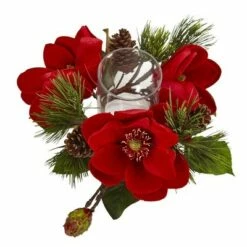 Coupon 😀 Nearly Natural Red Magnolia and Pine Candelabrum - Red ✨
