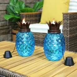 Coupon 🛒 Sunnydaze Decor Sunnydaze Outdoor Adjustable Height 3-in-1 Glass Tropical Pineapple Torches with Connected Snuffs and Metal Poles - Blue - 2pk ⭐