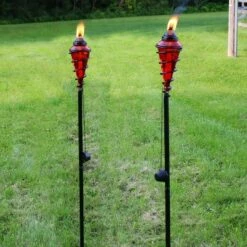Best Sale 😀 Sunnydaze Decor Sunnydaze Outdoor Adjustable Height Glass and Metal Swirl Patio and Lawn Citronella Torch Set - Red - 4pk 🔔