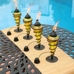 Coupon 🌟 Sunnydaze Decor Sunnydaze Outdoor Tabletop Glass and Metal Swirl Patio Table and Lawn Citronella Torch Set - Yellow - 8pk 👍